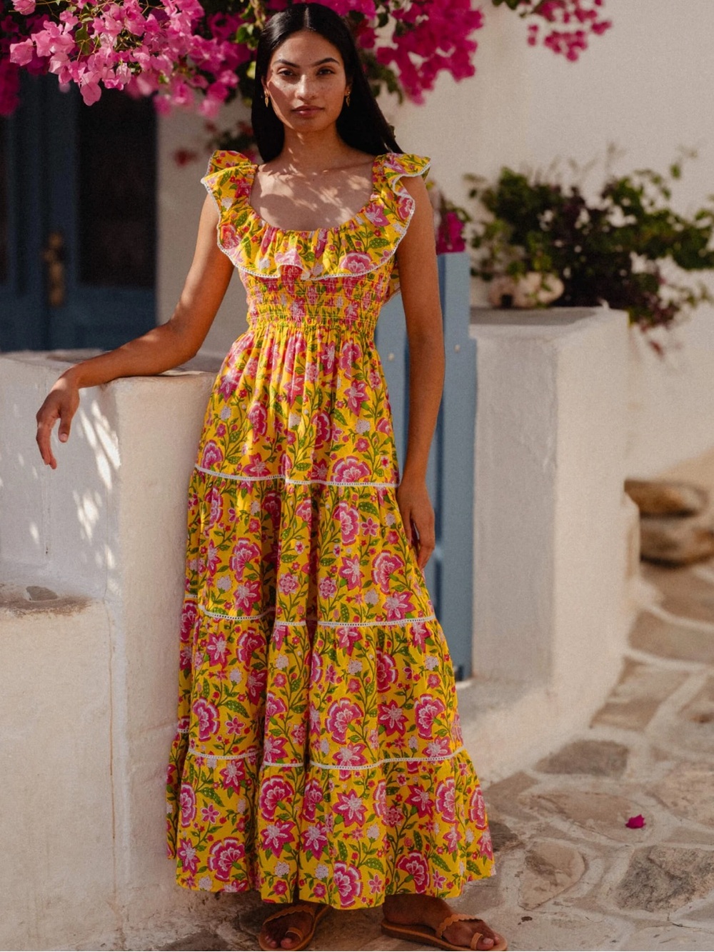 STUNNING vacation dress! Yellow Floral Ruffle Maxi Dress